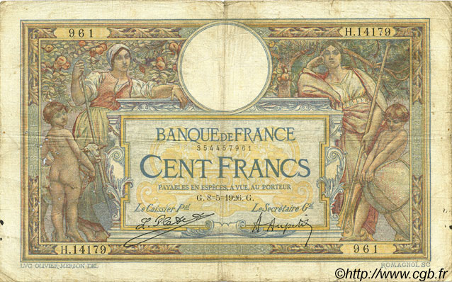 100 Francs LUC OLIVIER MERSON grands cartouches FRANKREICH  1926 F.24.04 SGE
