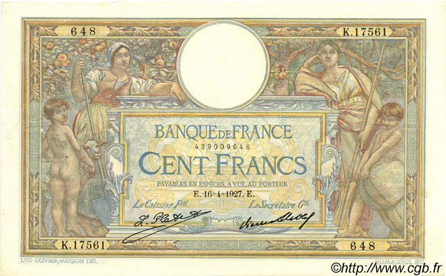 100 Francs LUC OLIVIER MERSON grands cartouches FRANKREICH  1927 F.24.06 VZ