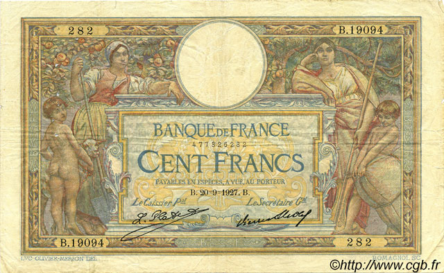 100 Francs LUC OLIVIER MERSON grands cartouches FRANCE  1927 F.24.06 VF-