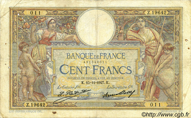 100 Francs LUC OLIVIER MERSON grands cartouches FRANCIA  1927 F.24.06 BC