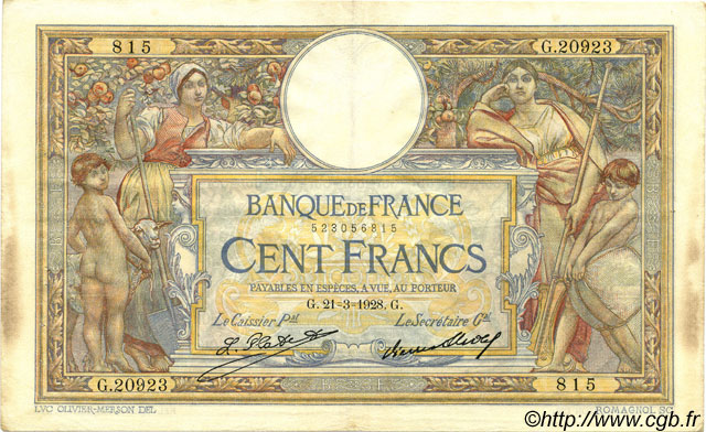 100 Francs LUC OLIVIER MERSON grands cartouches FRANCE  1928 F.24.07 VF