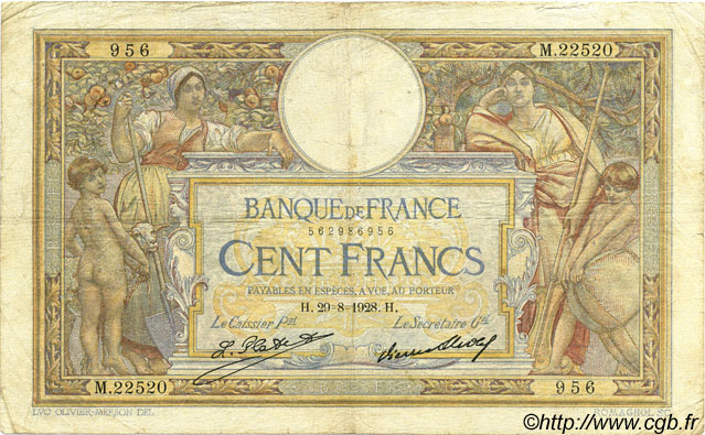 100 Francs LUC OLIVIER MERSON grands cartouches FRANCE  1928 F.24.07 F