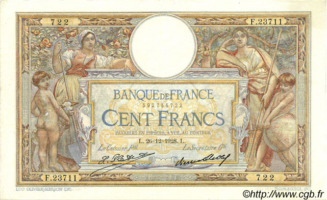 100 Francs LUC OLIVIER MERSON grands cartouches FRANCIA  1928 F.24.07 q.SPL