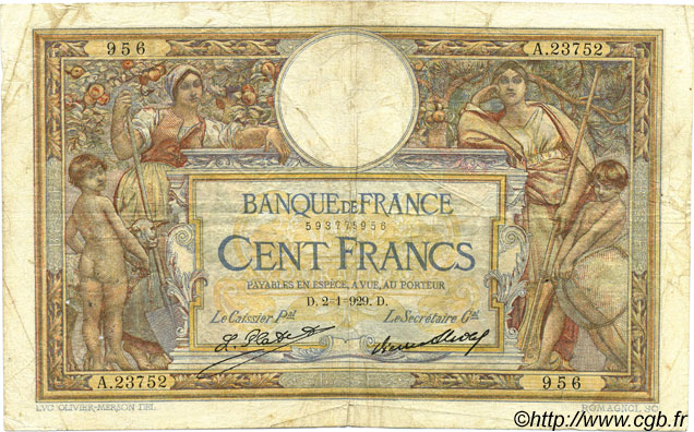 100 Francs LUC OLIVIER MERSON grands cartouches FRANCIA  1929 F.24.08 q.MB