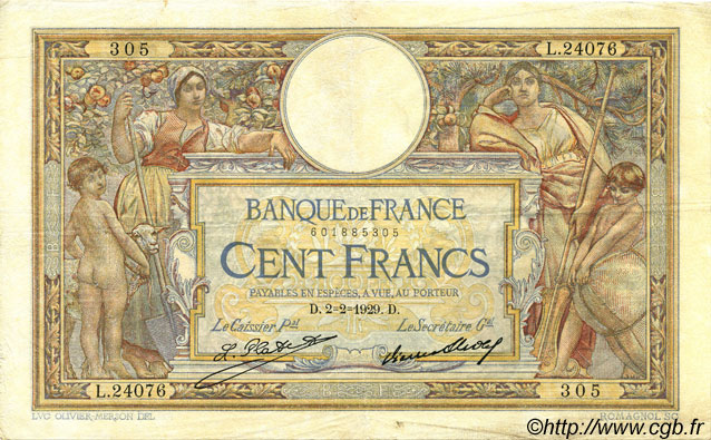 100 Francs LUC OLIVIER MERSON grands cartouches FRANCE  1929 F.24.08 VF+