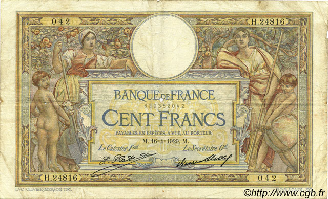 100 Francs LUC OLIVIER MERSON grands cartouches FRANCIA  1929 F.24.08 BC