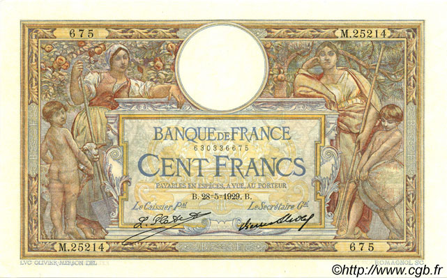 100 Francs LUC OLIVIER MERSON grands cartouches FRANCE  1929 F.24.08 AU-
