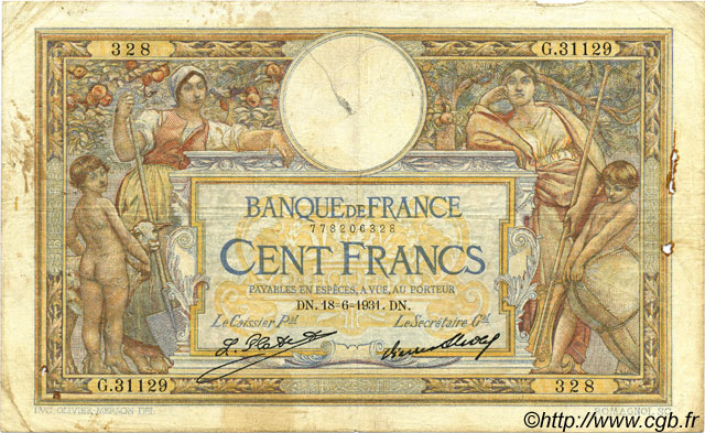 100 Francs LUC OLIVIER MERSON grands cartouches FRANKREICH  1931 F.24.10 fS