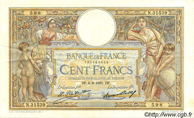 100 Francs LUC OLIVIER MERSON grands cartouches FRANKREICH  1931 F.24.10 VZ