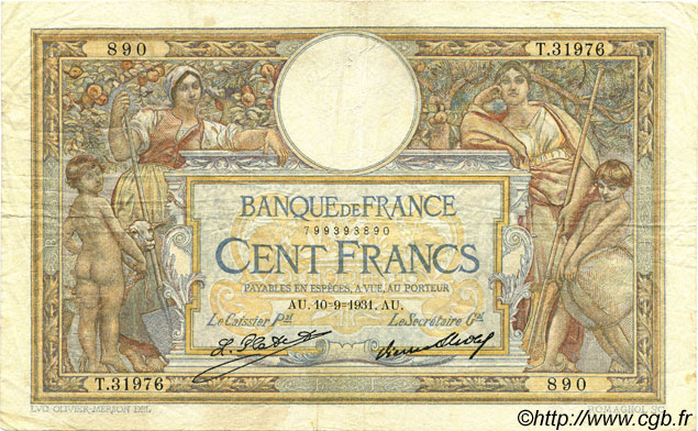 100 Francs LUC OLIVIER MERSON grands cartouches FRANCIA  1931 F.24.10 q.BB