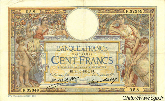 100 Francs LUC OLIVIER MERSON grands cartouches FRANCIA  1931 F.24.10 q.SPL