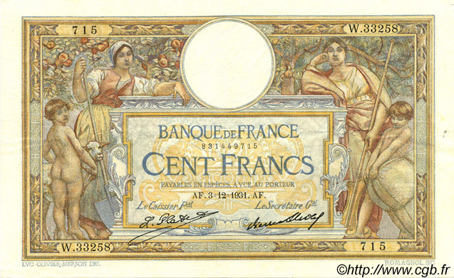100 Francs LUC OLIVIER MERSON grands cartouches FRANCIA  1931 F.24.10 MBC+