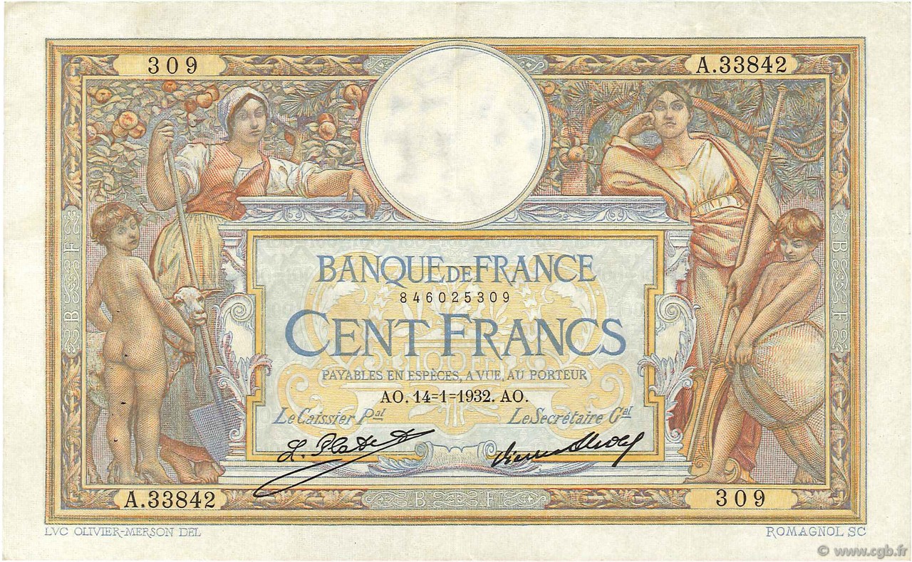 100 Francs LUC OLIVIER MERSON grands cartouches FRANCIA  1932 F.24.11 MBC+