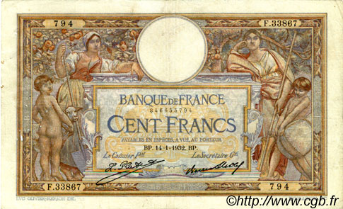 100 Francs LUC OLIVIER MERSON grands cartouches FRANCE  1932 F.24.11 F+