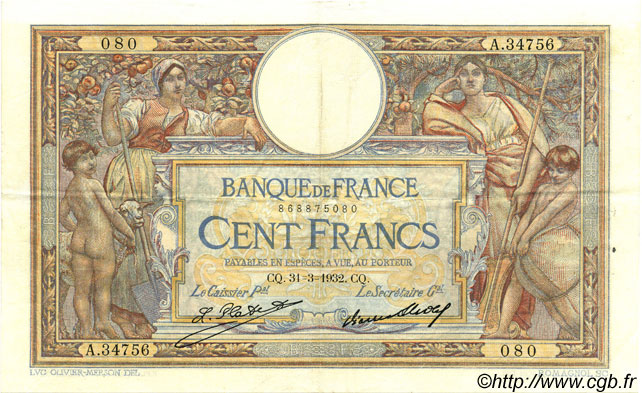 100 Francs LUC OLIVIER MERSON grands cartouches FRANCIA  1932 F.24.11 q.SPL a SPL