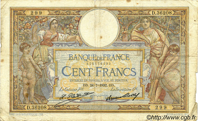 100 Francs LUC OLIVIER MERSON grands cartouches FRANCIA  1932 F.24.11 q.MB