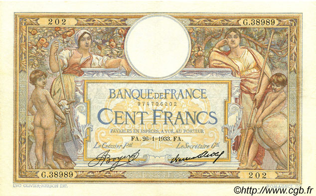 100 Francs LUC OLIVIER MERSON grands cartouches FRANCE  1933 F.24.12 VF+