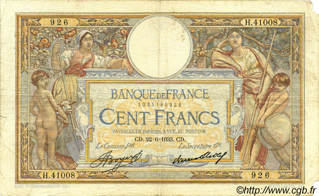 100 Francs LUC OLIVIER MERSON grands cartouches FRANKREICH  1933 F.24.12 SGE