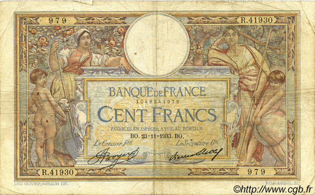 100 Francs LUC OLIVIER MERSON grands cartouches FRANCIA  1933 F.24.12 q.MB