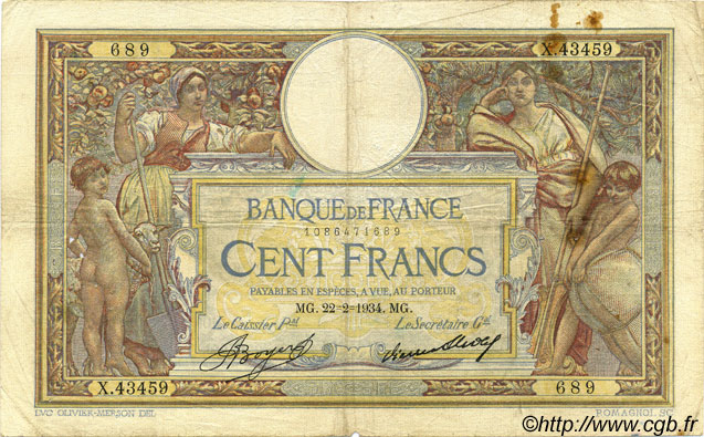 100 Francs LUC OLIVIER MERSON grands cartouches FRANCIA  1934 F.24.13 MB