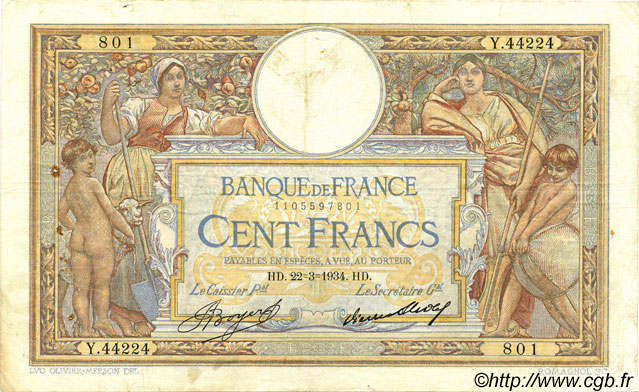 100 Francs LUC OLIVIER MERSON grands cartouches FRANCIA  1934 F.24.13 BC+