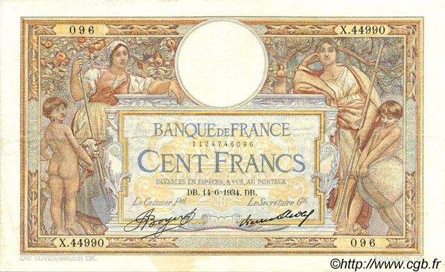 100 Francs LUC OLIVIER MERSON grands cartouches FRANCIA  1934 F.24.13 MBC a EBC