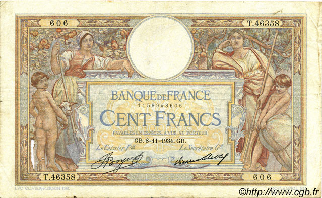100 Francs LUC OLIVIER MERSON grands cartouches FRANKREICH  1934 F.24.13 fS