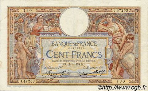 100 Francs LUC OLIVIER MERSON grands cartouches FRANKREICH  1935 F.24.14 fVZ