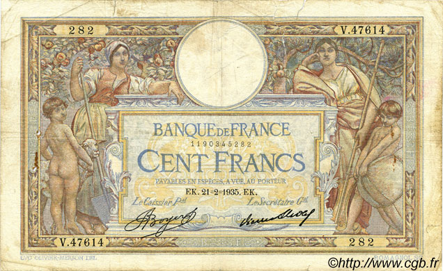 100 Francs LUC OLIVIER MERSON grands cartouches FRANKREICH  1935 F.24.14 S