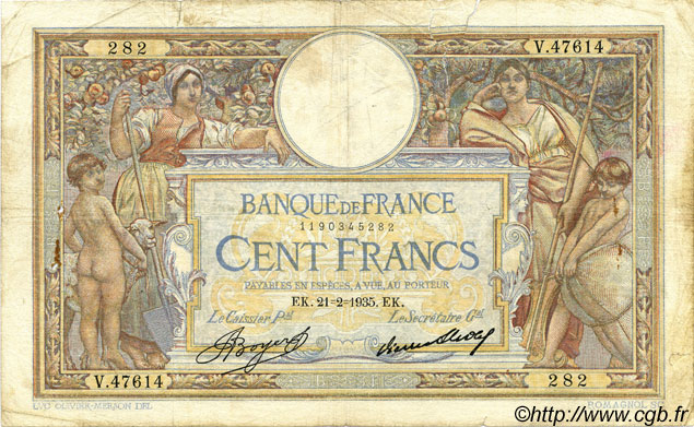 100 Francs LUC OLIVIER MERSON grands cartouches FRANKREICH  1935 F.24.14 SGE