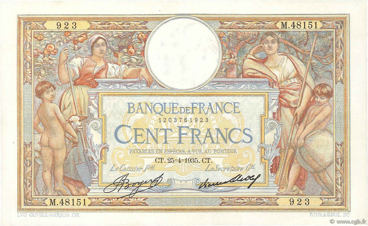 100 Francs LUC OLIVIER MERSON grands cartouches FRANKREICH  1935 F.24.14 fVZ