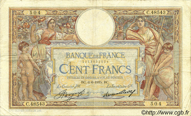100 Francs LUC OLIVIER MERSON grands cartouches FRANCE  1935 F.24.14 F+