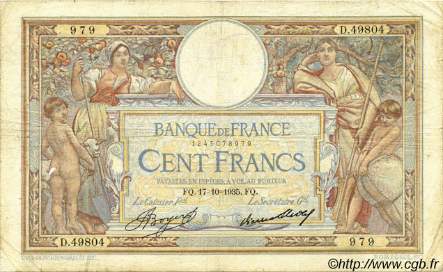 100 Francs LUC OLIVIER MERSON grands cartouches FRANCIA  1935 F.24.14 q.MB