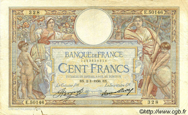 100 Francs LUC OLIVIER MERSON grands cartouches FRANCE  1936 F.24.15 VF