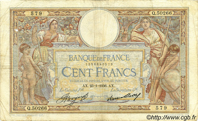 100 Francs LUC OLIVIER MERSON grands cartouches FRANCIA  1936 F.24.15 BC