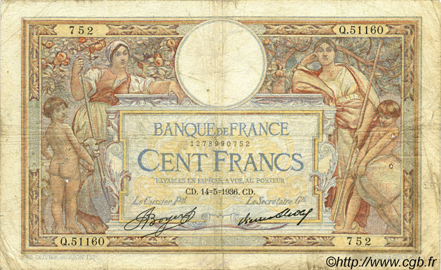 100 Francs LUC OLIVIER MERSON grands cartouches FRANCIA  1936 F.24.15 RC+