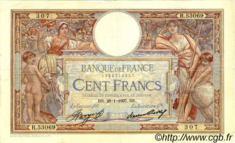 100 Francs LUC OLIVIER MERSON grands cartouches FRANCE  1937 F.24.16 VF