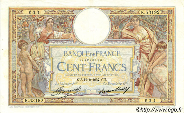 100 Francs LUC OLIVIER MERSON grands cartouches FRANCIA  1937 F.24.16 MBC