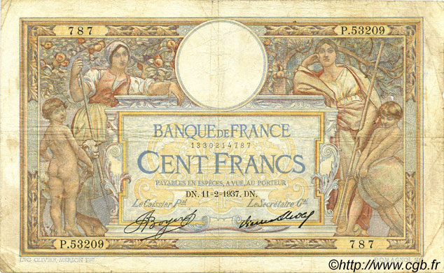 100 Francs LUC OLIVIER MERSON grands cartouches FRANCE  1937 F.24.16 F