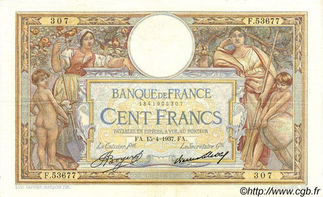 100 Francs LUC OLIVIER MERSON grands cartouches FRANCE  1937 F.24.16 TTB à SUP