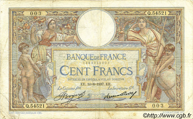 100 Francs LUC OLIVIER MERSON grands cartouches FRANKREICH  1937 F.24.16 S