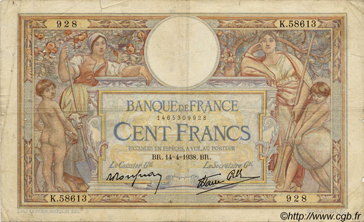 100 Francs LUC OLIVIER MERSON type modifié FRANCIA  1937 F.25 MB