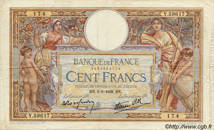 100 Francs LUC OLIVIER MERSON type modifié FRANCIA  1937 F.25 BC a MBC