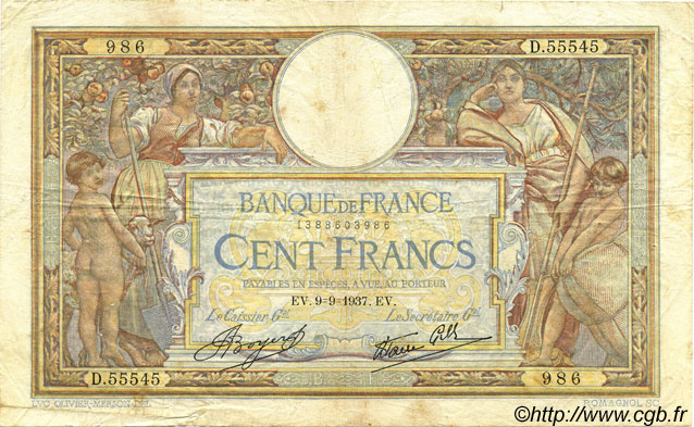 100 Francs LUC OLIVIER MERSON type modifié FRANCIA  1937 F.25.01 q.BB