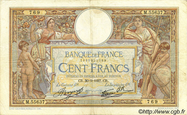 100 Francs LUC OLIVIER MERSON type modifié FRANCE  1937 F.25.02 pr.TTB