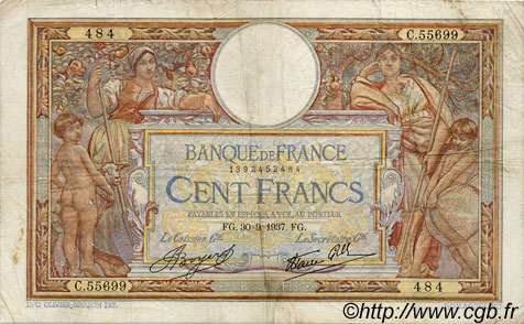 100 Francs LUC OLIVIER MERSON type modifié FRANCIA  1937 F.25.02 BC a MBC