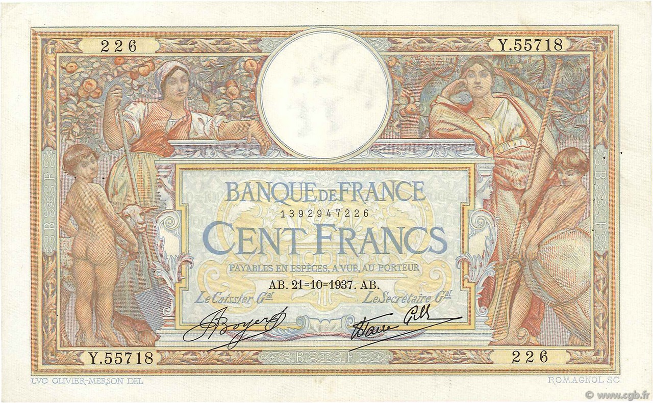 100 Francs LUC OLIVIER MERSON type modifié FRANCE  1937 F.25.03 VF+