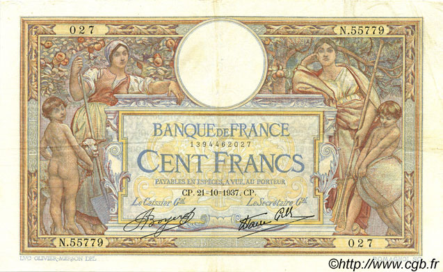 100 Francs LUC OLIVIER MERSON type modifié FRANCIA  1937 F.25.03 MBC