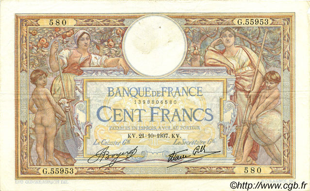 100 Francs LUC OLIVIER MERSON type modifié FRANCIA  1937 F.25.03 MBC