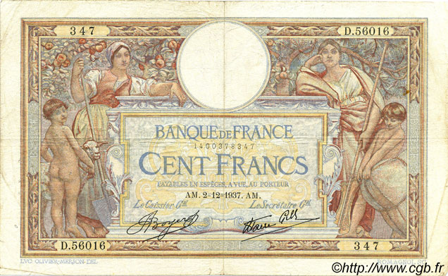 100 Francs LUC OLIVIER MERSON type modifié FRANKREICH  1937 F.25.04 S